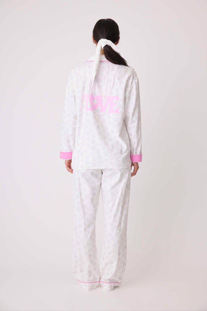 Flannel PJ Set - Peace Sign/Love White