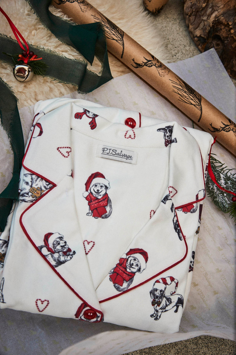 Candy Cane Lane PJ Set - White w Dogs