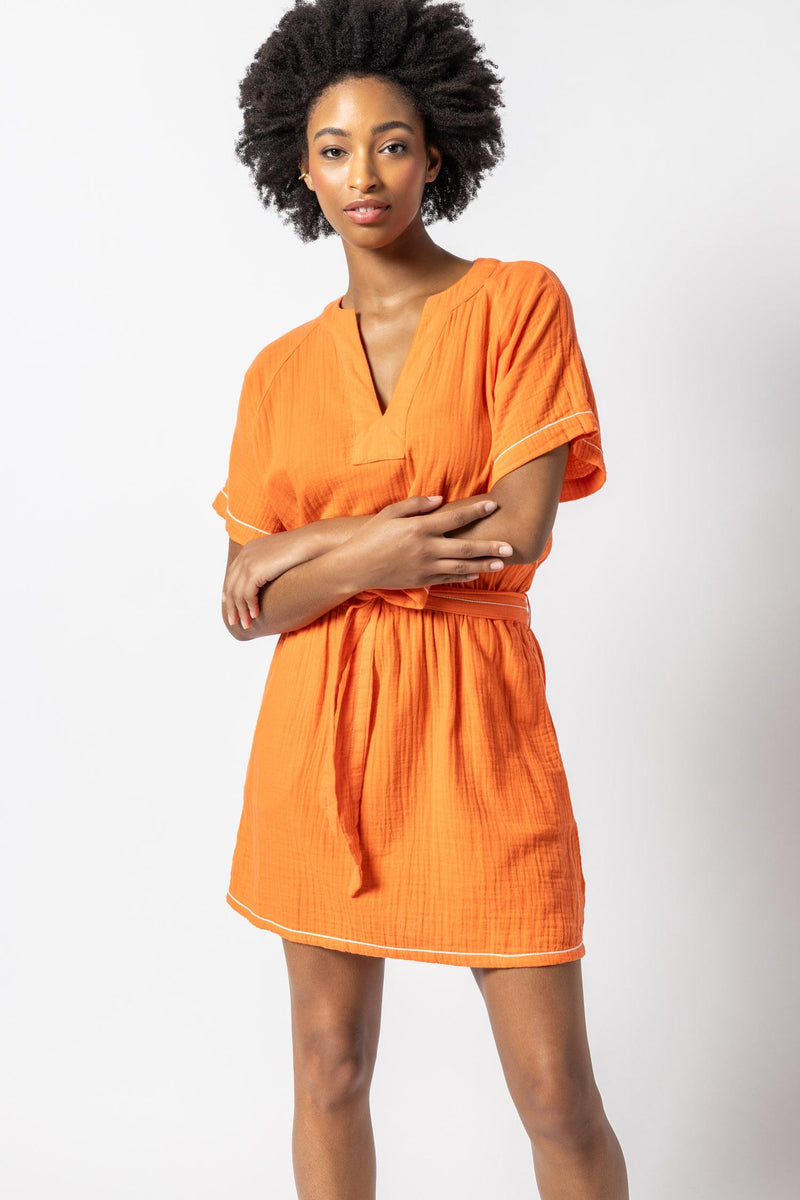 Gauze Belted Split Neck Dress - Tangelo