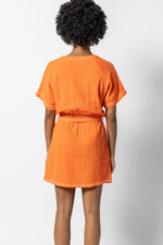 Gauze Belted Split Neck Dress - Tangelo