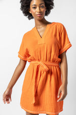 Gauze Belted Split Neck Dress - Tangelo