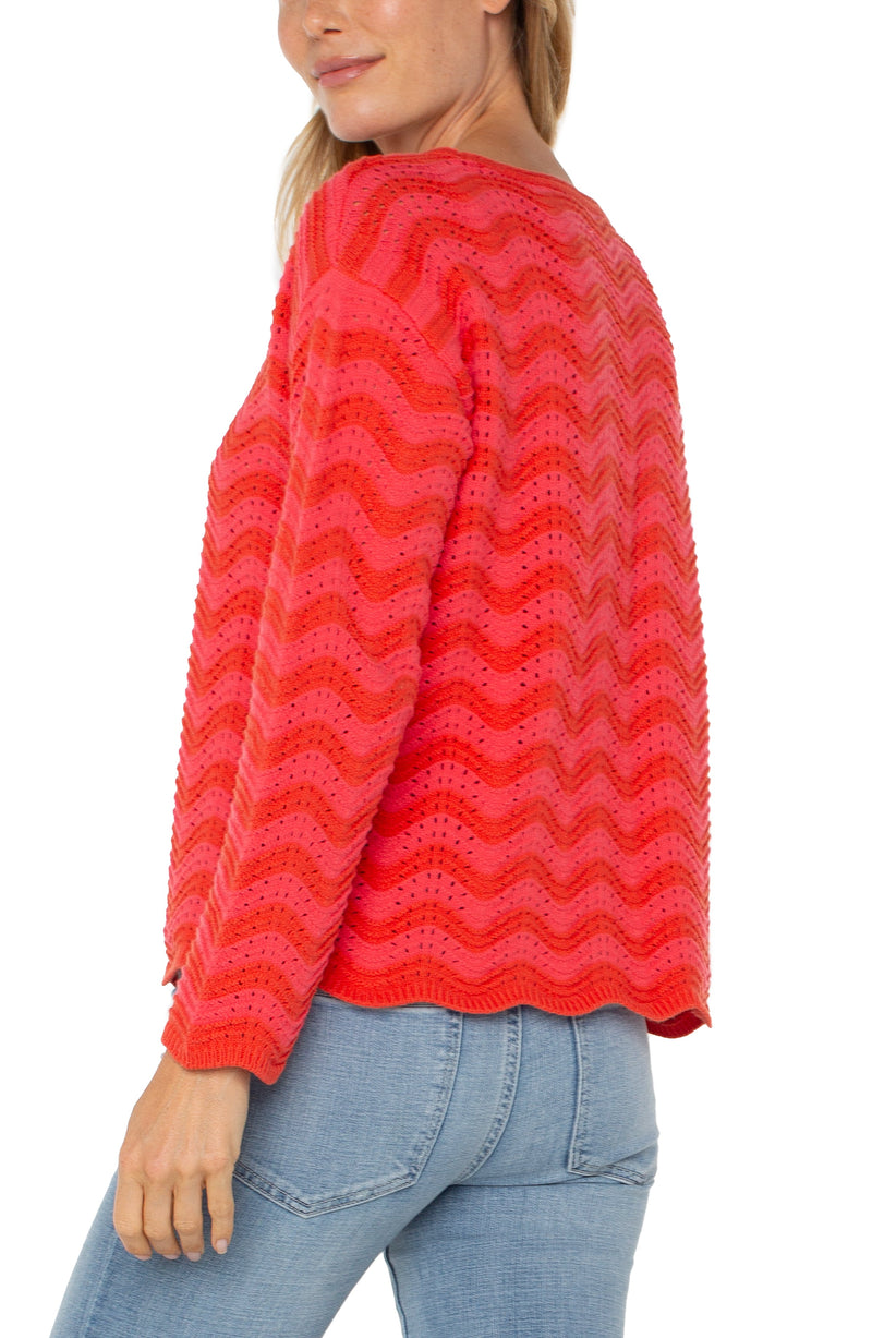 Boatneck Scallop Hem Sweater - Pink/Red