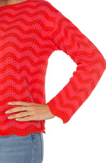 Boatneck Scallop Hem Sweater - Pink/Red