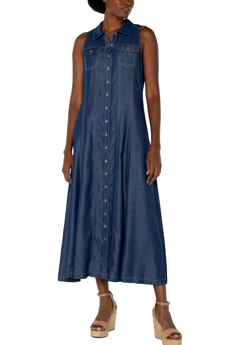 Sleeveless Button Down Maxi Dress - Rinse Wash