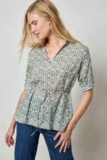 Collared Split Neck Top - Seagrass Print