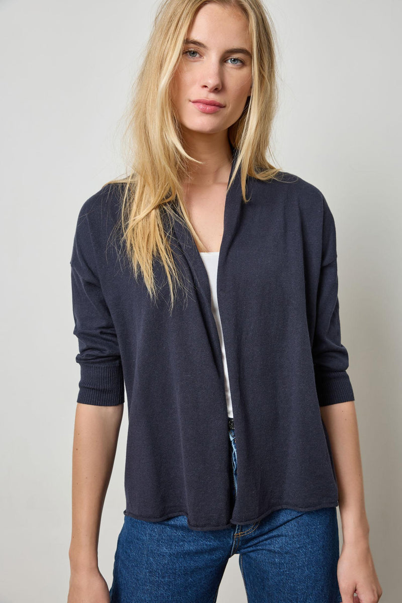 Linen Blend Open Cardigan - Navy