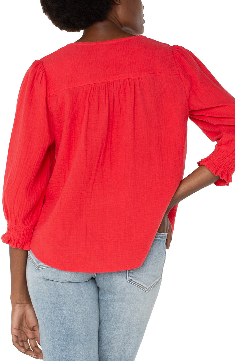 3/4 Sleeve Embroidered Blouse - Geranium