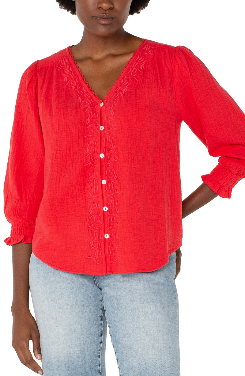 3/4 Sleeve Embroidered Blouse - Geranium