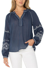 Long Sleeve Embroidered Blouse - Insignia Blue