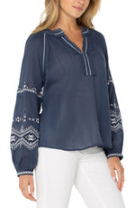 Long Sleeve Embroidered Blouse - Insignia Blue