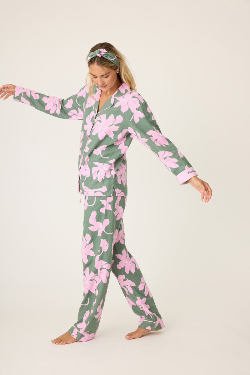 Flannel PJ Set - Olive/Pink Poinsettia