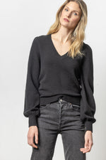 Full Sleeve V-Neck Boucle Sweater - Black