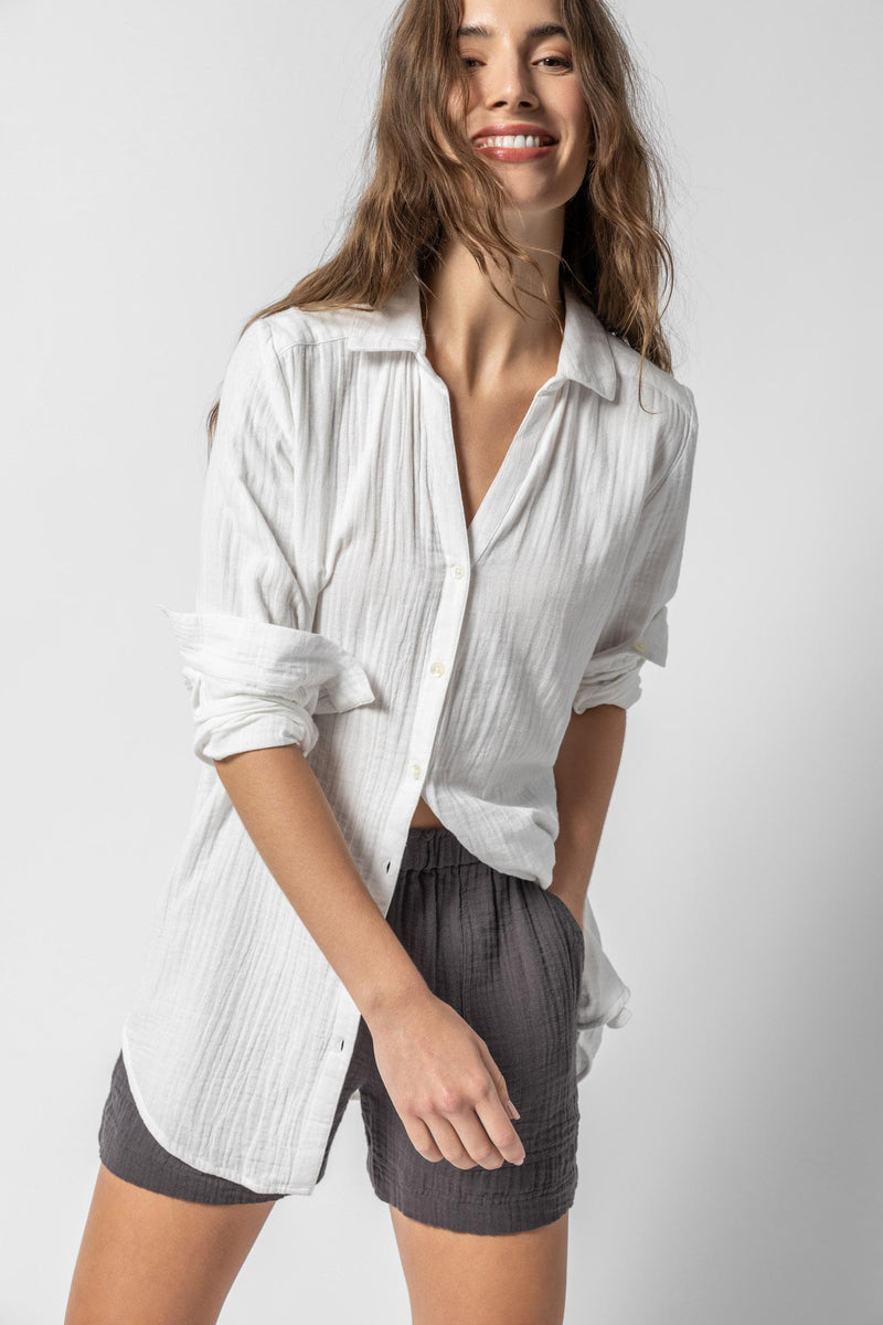 Long Sleeve Gauze Button Down Tunic - White