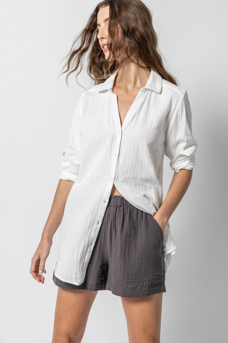 Long Sleeve Gauze Button Down Tunic - White