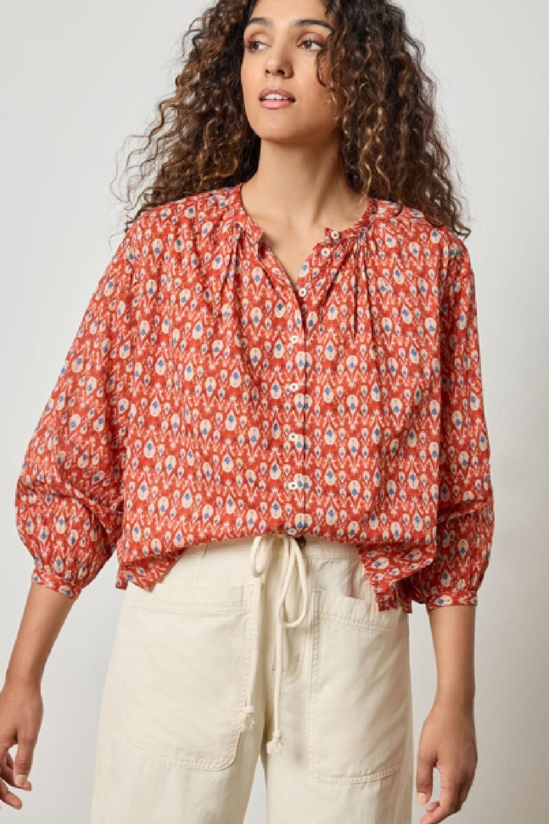 Long Sleeve Shirred Blouse - Chili Print