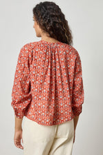 Long Sleeve Shirred Blouse - Chili Print