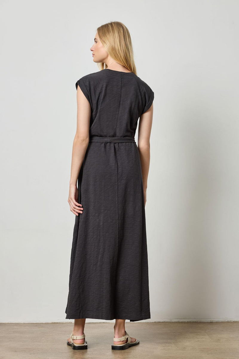 Slub Saddle Sleeve Maxi Dress - Black