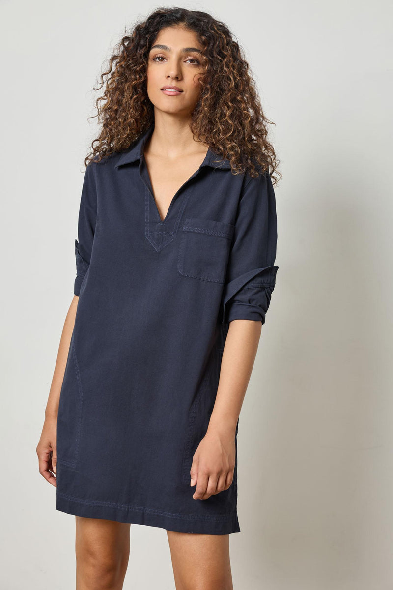 Split Neck Collared Dress - Navy