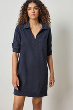 Split Neck Collared Dress - Navy