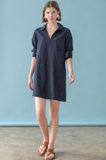 Split Neck Collared Dress - Navy