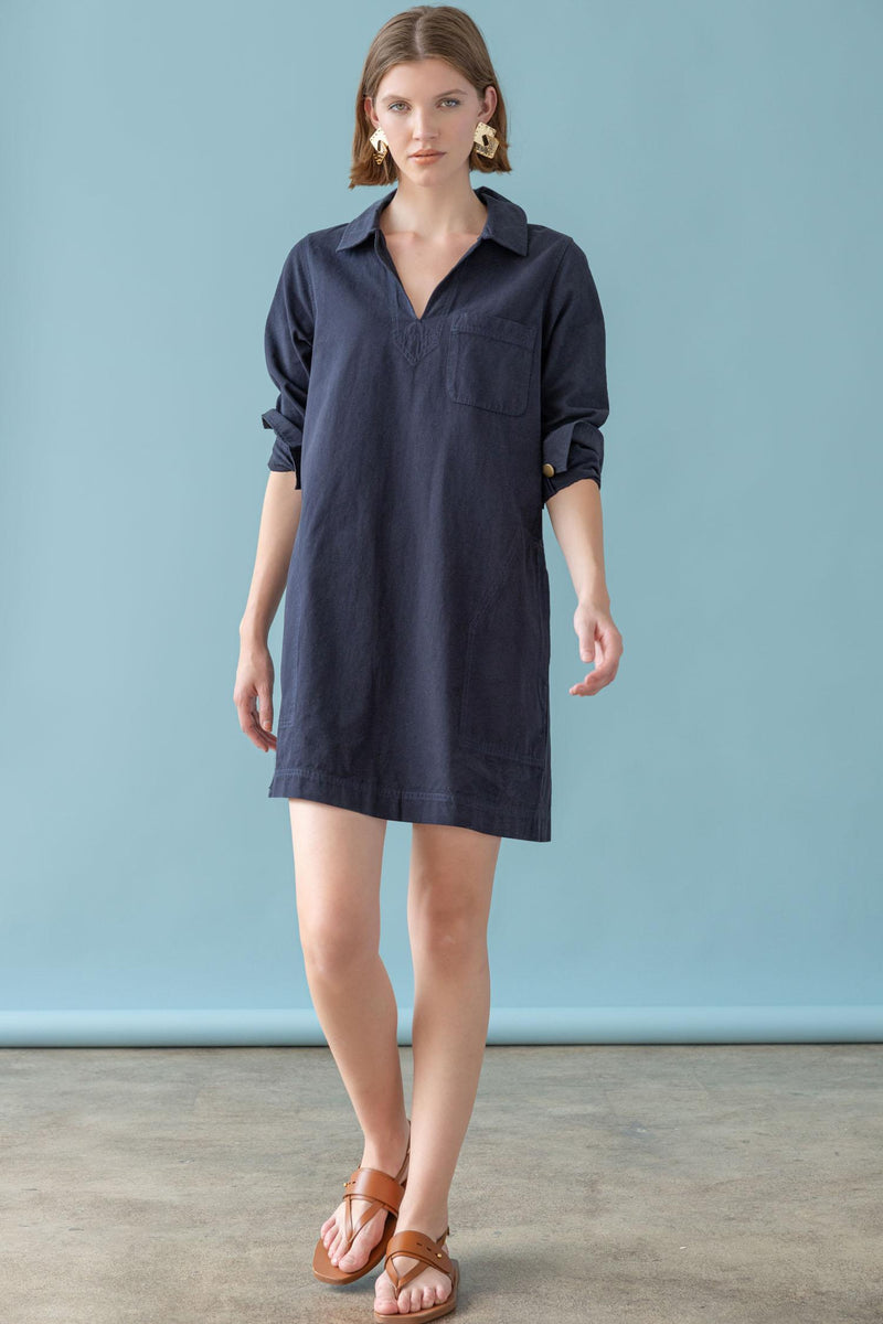 Split Neck Collared Dress - Navy