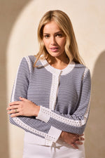 Sweater Cardigan With Crochet Trim - White/Navy