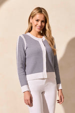 Sweater Cardigan With Crochet Trim - White/Navy