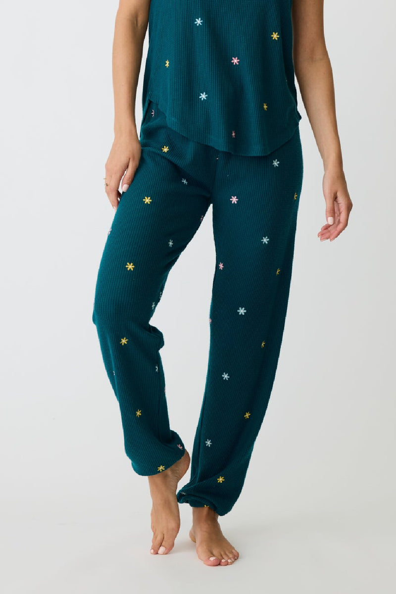 Embroidered Take It Easy Band Pant - Teal