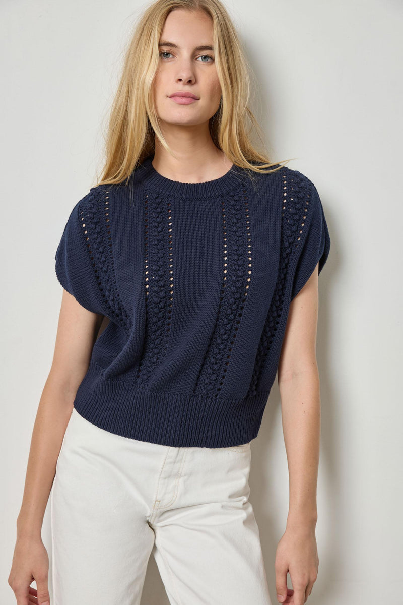 Cotton Bobble Wedge Crewneck Sweater - Navy